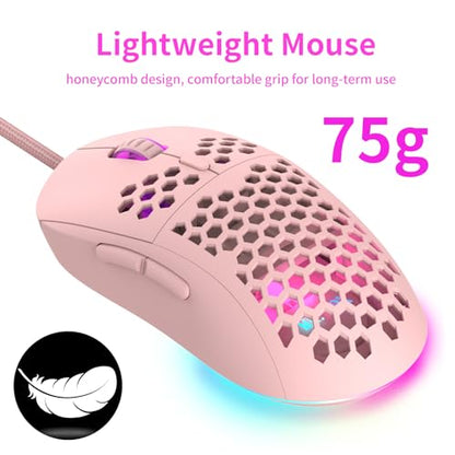 MR.FOX M1 Ultralight Honeycomb Gaming Mouse Wired, 75g Lightweight, 12,800 DPI Optical Sensor, RGB Lighting with Music Sync, 6 Programmable Buttons, Braided Cable, Gaming Mouse for PC/Mac, Pink - color: Pink