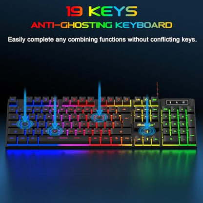 BlueFinger Gaming Keyboard USB Wired Full Size Keyboards, Rainbow Backlit Light Up Keyboard with Multimedia Keys, Quiet Typing for Windows PC Laptop