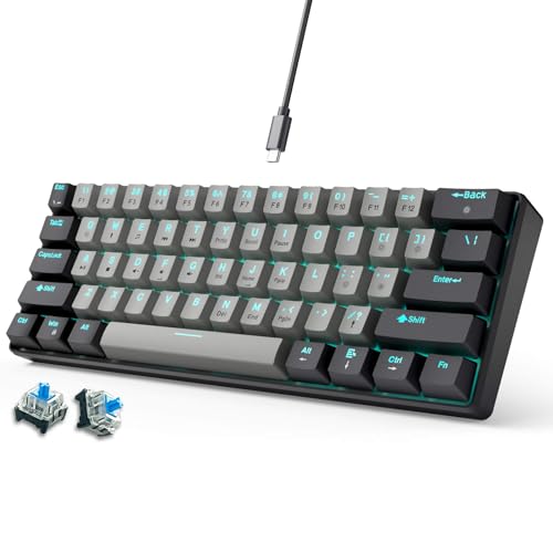 abucow 60% Mechanical Gaming Keyboard Blue Switch Wired Compact Keyboard Anti-Ghosting No-Conflict 61 Swappable keycaps Ergonomic Design for Windows/Mac (Gray-Black) - color: Black-Gray