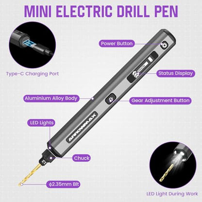AM ARROWMAX Mini Drill Pen, 5-Speed, LED Lights, OLED Display, Aluminium Box, Resin Drill Set With 10 Small Bits, 3/32-Inch Shank, For Jewelry Making, Wood, Plastic,(SDS) - style: SDS