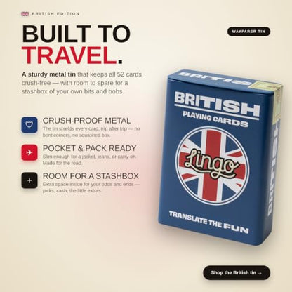 Lingo British Slang Playing Cards in Premium Travel Tin | Learn Funny British English Expressions | Luxury Gift Box for Anglophiles & London Travelers | Hilarious Card Game for Adults