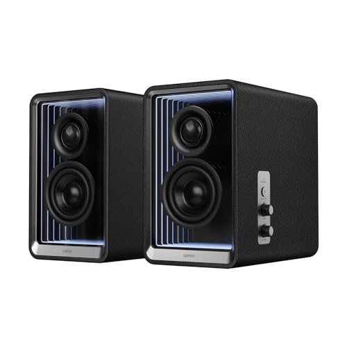 Edifier QR65 Desktop Active Monitor with 2.75" Long-Throw Aluminum Diaphragm mid-Low Drivers, Hi-Res Audio, Brilliant Light Effects, 70W Output Power Bluetooth Speakers with Stands - Black - color: Black