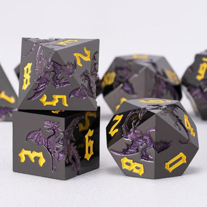 D&D Metal Dragon Dice Set with Dragon, Metallic Polyhedral Dice Set for Dungeons and Dragons RPG TTRPG D&D Die with Gift Case - color: Dragon-pearl Gun Glitter Purple