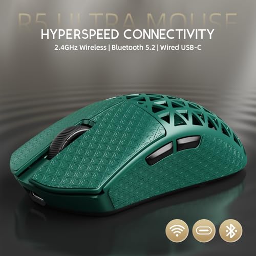 ATTACK SHARK R5Ultra 8K Carbon Fiber Wireless Gaming Mouse, Green&Tape | 42K DPI,PAW3950 MAX Sensor,39g Ultra-Lightweight,Nordic 52840 MCU Chip,Wired/BT/2.4GHz Wireless Programmable Mouse for PC/Mac - color: Green&Griptape