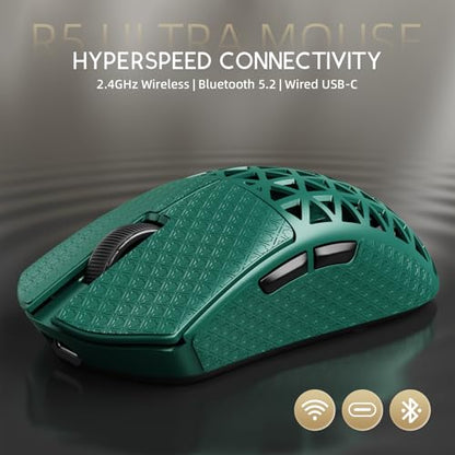 ATTACK SHARK R5Ultra 8K Carbon Fiber Wireless Gaming Mouse, Green&Tape | 42K DPI,PAW3950 MAX Sensor,39g Ultra-Lightweight,Nordic 52840 MCU Chip,Wired/BT/2.4GHz Wireless Programmable Mouse for PC/Mac - color: Green&Griptape