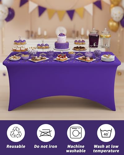 Fixwal Purple Stretch Table Cloth Rectangle 2 Pack 6Ft, Spandex Fitted Table Covers Washable for Party, Trade Show, Banquet, Wedding, Buffet - color: Purple, size: 6 Ft