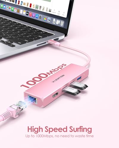 LENTION 5 in 1 USB C Hub, 1000Mbps Ethernet, 4K HDMI, 3xUSB 3.0 | Access Gigabit Ethernet, Stable Driver 3.0, Optimized for Dual USB‑C Laptop, Compatible with macOS & Windows (C25 Rose Gold) - color: Rose Gold