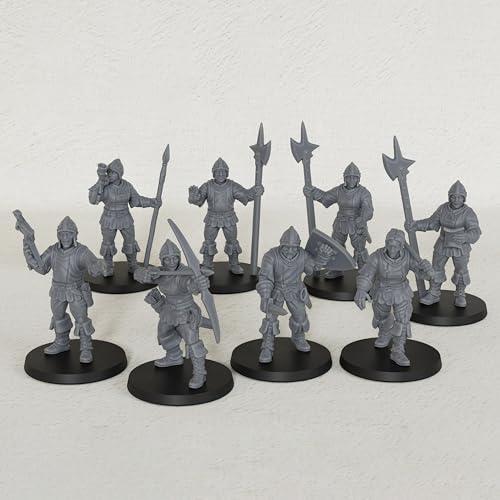 AUSPDICE Gothic City Guard Minis, 25mm Soldiers for TTRPGs, AF1104 S | 8pc Unpainted Human Soldier Figures with Polearms, Bow and Crossbow for Tabletop Gaming, Fantasy City Patrols, Armed Sentries - color: Af1104 S City Guard Warrior