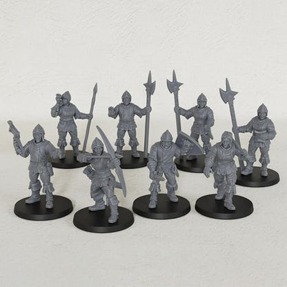 AUSPDICE Gothic City Guard Minis, 25mm Soldiers for TTRPGs, AF1104 S | 8pc Unpainted Human Soldier Figures with Polearms, Bow and Crossbow for Tabletop Gaming, Fantasy City Patrols, Armed Sentries - color: Af1104 S City Guard Warrior