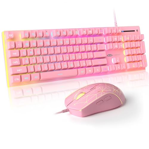 MageGee GT838 Gaming Keyboard and Mouse Combo, 104 Keys RGB Backlit Quiet Wired Keyboards for Laptop PC MAC, with Number Pad, Metal Panel, Anti-Ghosting, Pink - color: Pink