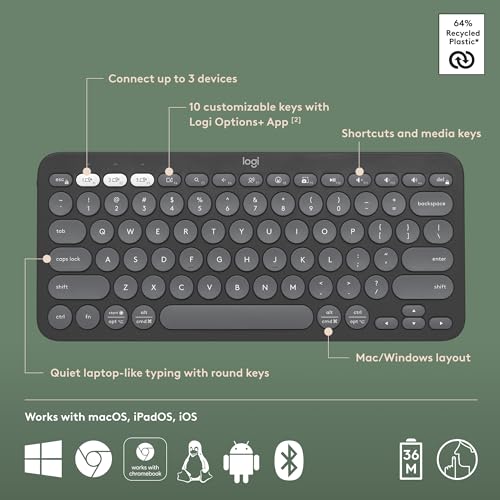 Logitech Pebble Keys 2 K380s, Multi-Device Bluetooth Wireless Keyboard with Customizable Shortcuts, Slim and Portable, Easy-Switch for Windows, macOS, iPadOS, Android, Chrome OS - Tonal Graphite - color: Graphite