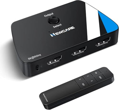 NEWCARE 8K HDMI 2.1 Switch 3 in 1 Out, HDMI Splitter 4K@120Hz Support 8K@60Hz HDCP2.3 HDR10+ VRR ALLM Dolby, HDMI Switcher Compatible with TV PS5/4 Xbox Laptops PC Projector