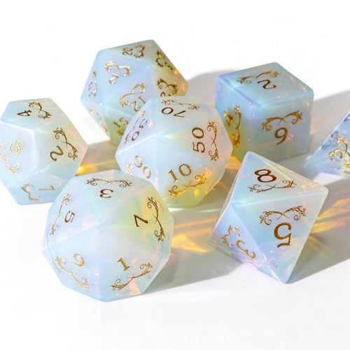 Haxtec Opal Gemstone Dice Polyhedral DND Dice Set with Premium Dice Case Compatible with Dungeons and Dragons Role Playing Board Games D&D Gift - color: White Gold- Opal Grass