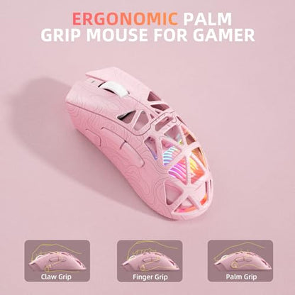 Aula SC620 Wireless Gaming Mouse, Tri-Mode 2.4GHz/USB-C/BT5.3 Computer Mouse with 12000 DPI, Programmable Macro Gamer Mouse with Rapid Fire Key, RGB Light Gaming Mice for PC/Laptop/Mac (Line Pink) - color: Line pink