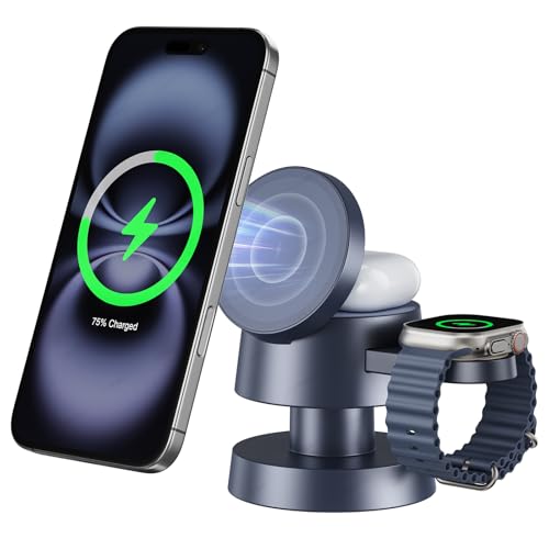 3-in-1 Wireless Charging Station,15W Fast Charging Foldable Magnetic Stand Wireless Charger with Night Light Compatible with iPhone 17,16/15/14/13/12 Pro Max,Airpods,Apple Watch