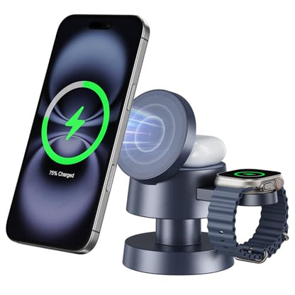 3-in-1 Wireless Charging Station,15W Fast Charging Foldable Magnetic Stand Wireless Charger with Night Light Compatible with iPhone 17,16/15/14/13/12 Pro Max,Airpods,Apple Watch