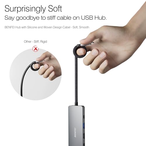 BENFEI USB C Hub 5-in-1 with 4K HDMI(Certified), 100W Power Delivery, 3 USB-A, Silicone Cable, Aluminum Case Compatible with MacBook Pro/Air, iPad Pro, iMac, iPhone 15 Pro/Pro Max, XPS, Thinkpad - color: Gray, size: 5-in-1