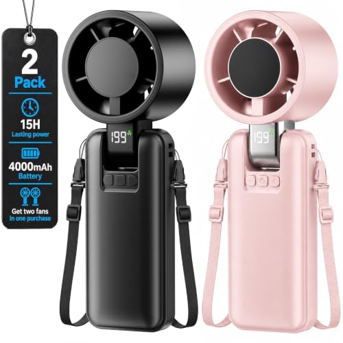2 Pack Portable Mini Handheld Fan, 199-Level Speed, Black+Pink | 4000mAh Rechargeable Battery, Quiet, LED Digital Display, Personal Cooling Turbo Fan for Travel, Office, Makeup & Concerts - color: Black+Pink