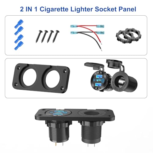 12V USB Outlet Marine Switch Panel 12 Volt Plug, PD3.0 & Dual Quick Charge 3.0 USB Ports Aluminum Car Charger with Power Switch, Waterproof 150W Cigarette Lighter Socket 2 in 1 DIY Kit for Boat RV ATV - color: Charger+Socket