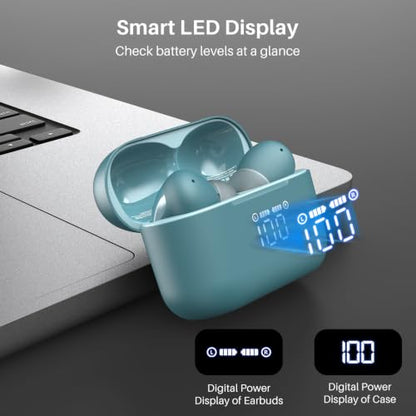 TOZO T20 Wireless Earbuds 97H Playtime, Wireless Charging LED Display Case | 10mm Deep Bass Sound, Dual Mic ENC Clear Calls, IPX8 Waterproof, Bluetooth 5.3, Comfortable Fit Ear Buds For Daily Use, Green - color: Green