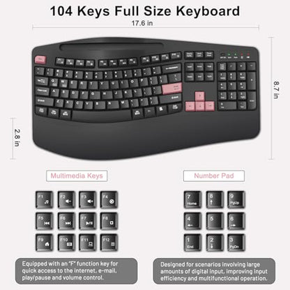 Wireless Keyboard and Mouse Combo, Full Size Ergonomic Wave Keys(Pink-B) | 2.4G Ergonomic Keyboard with Wrist Rest, Phone Holder, 3-Level DPI Silent Mouse with 6-Buttons, for Windows/Mac OS/Laptop/PC - color: Pink