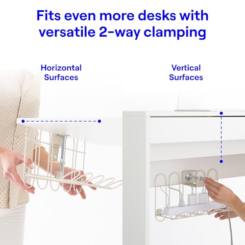 CarryUp Under Desk Cable Tray, No Drill Wire Management Clamp, Computer Cord Organizer, Cable Hider & Holder, Cord Keepers for Home Office Organization, Powder Coated Metal, Dorm Essentialss - Cream