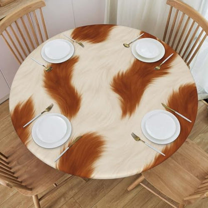 Famame Cow Brown Fur Skin Round Fitted Tablecloth with Elastic Protector Table Kitchen Dinner Waterproof Oil-Proof Table Covers Fits 40"-44", Small - color: Cow Brown Fur Skin, size: Small (40"-44")