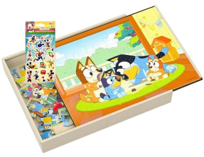 Bluey 5 Wood Puzzles with Storage Box, 72 Exclusive Mickey Mouse Clubhouse Stickers and Star Wars 300+ Stickers Bundle for Kids - Ages 3 and Up