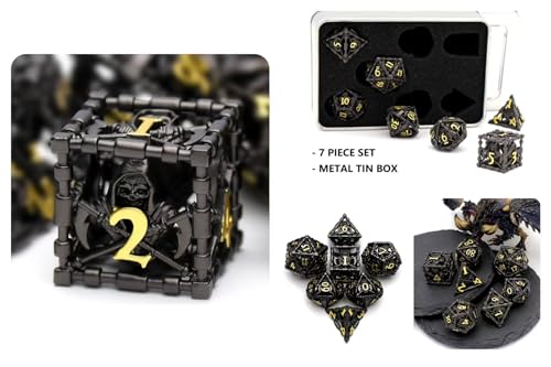 Hollow Grim Reaper Metal DND Dice Set,7-Piece Polyhedral RPG Dice,3D Hollow Wizard Skeleton Design for D&D, RPGs, MTG, and Board Games(Yellow Numbers) - color: Hollow Wizard Black