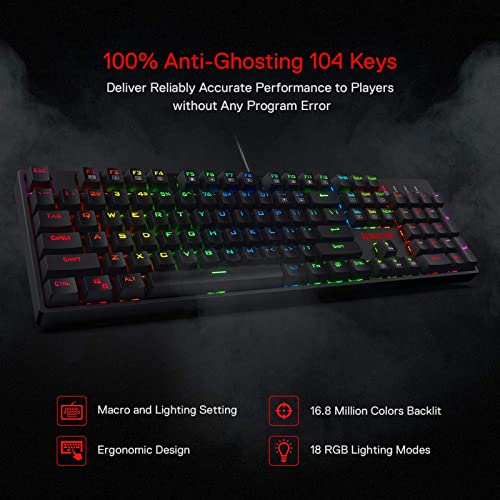 Redragon K582 Wired RGB Mechanical Gaming Keyboard, 104-Key Standard Layout | 16.8M Color Immersive eSports Lighting Vibe, N-Key Rollover for Accurate Combos, 50M-Keystroke Durability, Customize Software - color: Black