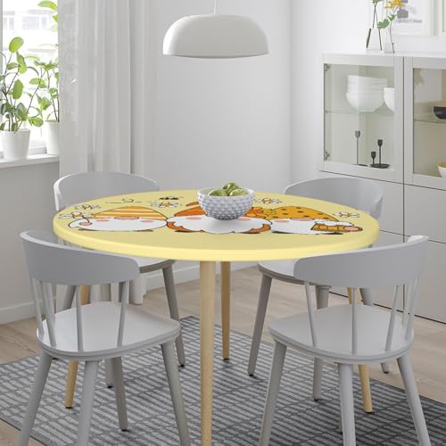 Famame Cute Sunflower Bee Gnomes Fitted Round Tablecloth Waterproof Table Cloth with Elastic Edge Wipe Clean Table Covers for Indoor Outdoor Fits 45"-50", Medium - color: Sunflower Bee Gnomes