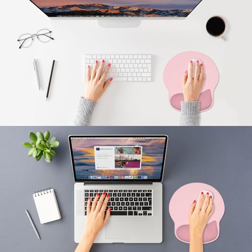 ITNRSIIET Ergonomic Mouse Pad with Wider Memory Foam Wrist Rest +17% - Curved Cushion Reduces Pressure 20%, Pain Relief, Non-Slip, Smooth, Cute Colors, 9.85 x 9 in, Pink Accent - color: Pink Accent