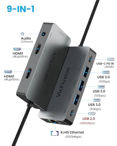 USB C Docking Station Dual Monitor for Laptop, 9-in-1 USB Hub with 2 HDMI | 4K@60Hz, Gigabit Ethernet, 3*USB 3.0, 1*USB C, PD 100W, 3.5mm Audio, USB C Dock for Laptop/Computer/Tablets/Windows