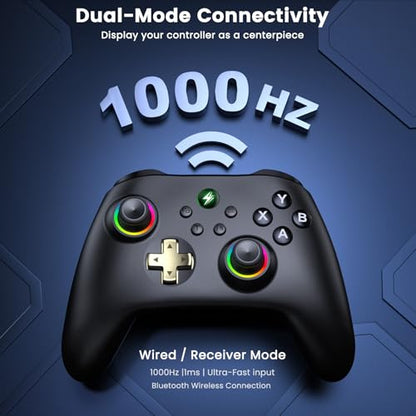 Wireless PC Gaming Controller - Hall Effect Joystick - No Drift, 2.4G & Wired 1000Hz Polling Rate, Remappable Buttons, Turbo & Vibration, Bluetooth Gamepad for PC/Switch/iOS/Android with Charging Dock - color: Black
