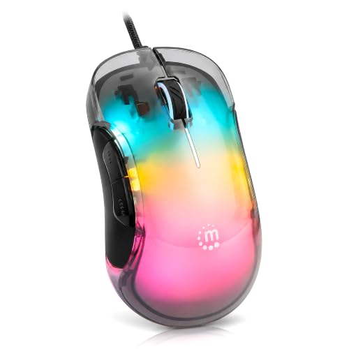MANHATTAN RGB LED Wired USB Mouse, 12800 DPI, 5 Buttons, Braided | Transparent right-hand USB-A controller with dpi indicator LEDs, quiet wheel and browser thumb keys for PC or laptop