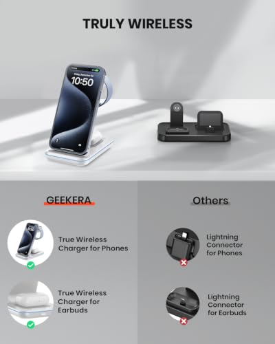 GEEKERA Wireless Charger, 3 in 1 Wireless Charging Station for iPhone Air/17/16/15/14/13/12/11/Pro Max/X/8, Phone and Watch Charger Stand for Apple Watch Ultra 3-2/11-2/SE, AirPods Pro/4/3/2, Silver - color: silver