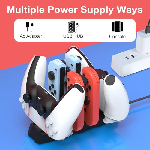 iPLYGAM Controller Charger Dock for Nintendo Switch Pro Controller/JoyCon, Controllers Charging Dock with LED Indicator and Charger Cable for PS5 Controllers, 6 in 1 Gamepad Charging Stand