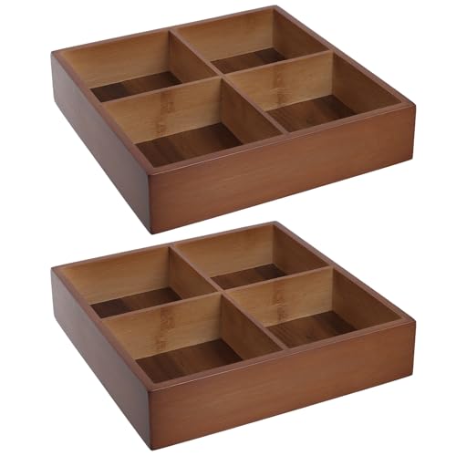 FUNSUEI 2 PCS Multi Compartment Wooden Tray, Divided Wooden Tray, Square Bamboo Trays with 4 Sections, Bamboo Divided Serving Trays Storage Box for Snacks Appetizers, 9 x 9 x 1.77 Inch - size: 2 PCS 4 Sections