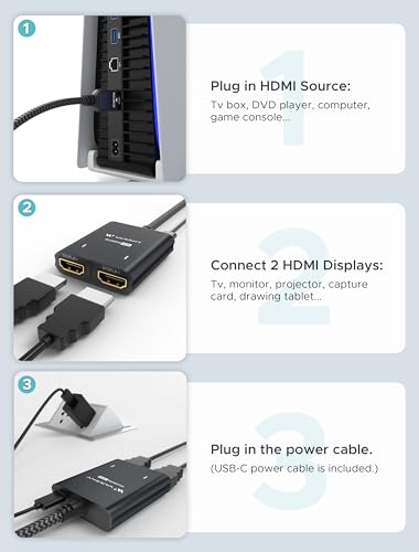 WARRKY HDMI Splitter 4K, 1x2 HDMI Display Duplicate/Mirror, HDMI Splitter 1 in 2 Out [Metal Shell, 3.3 Ft Braided HDMI Cable, LED Indicators], USB-C Powered Splitter, Black-4K@60Hz HDR - color: Black-4K@60Hz HDR