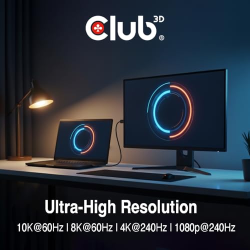 Club 3D USB C to DisplayPort 2.1 Cable 8K - 240Hz 4K - 720Hz HDR | VESA DP80 Certified 80Gbps Bi-Directional USB-C to DP Cable, Thunderbolt 4/3 Compatible, 3.3ft/1m for MacBook Pro, Dell, HP CAC-1559