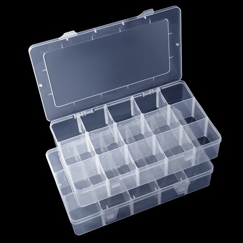 Bead Plastic Storage Organizer Box 2 Pack 15 Grids Adjustable Dividers | Clear Containers, Removable Storage Boxes for Art DIY Crafts, Fishing Tackles Jewelry Snackle - color: Clear-15 Grids*2