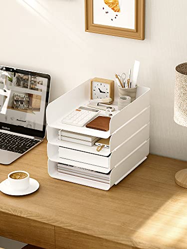 (4pcs Pack) HKeeper Stackable Paper Trays,Letter Tray Organizer,Office Desktop Organizer,A4 Paper Holder,Supplies Magazine,File Documents,Receipts（White,Regular）