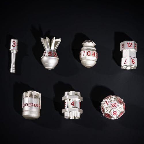 UDIXI RPG Metal Dice Set D&D, 7-Pieces Polyhedral Metal DND Dice Set Silver | Bomb Shape, Red Numbers, Solid Metal, Cool Design, Leather Pouch Pakaging, for Dungeons and Dragons Role Playing Games - color: Silver Red