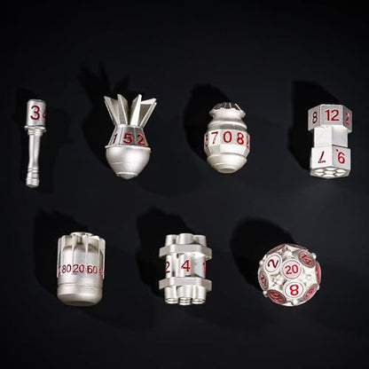 UDIXI RPG Metal Dice Set D&D, 7-Pieces Polyhedral Metal DND Dice Set Silver | Bomb Shape, Red Numbers, Solid Metal, Cool Design, Leather Pouch Pakaging, for Dungeons and Dragons Role Playing Games - color: Silver Red