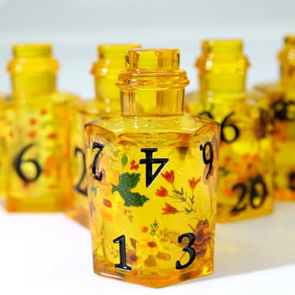 XENOLUX DND Dice Set Polyhedral Novelty Resin Dice - Fantasy Elixir Bottle Shape with Bee & Floral Inclusions, Easy to Read Black Numbers for Dungeons, RPG abletop Games-BOT3 - color: Bot3