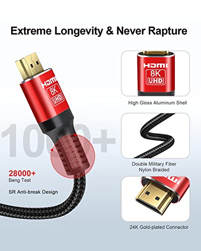 SKW 8K HDMI Cable 3.3ft/1M, 2.1 48Gbps HDMI Braided Cable-4K@120Hz 7680P,DTS:X,HDCP 2.2 & 2.3, HDR 10,eARC,Dynamic HDR,Compatible for Laptop, Monitor, Roku TV - size: 3.3ft/1m
