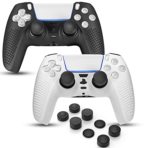 PS5 Controller Skin, Anti-Slip Soft Silicone Protective Cover Case for PlayStation 5 Controller Grip Accessories, 2 Pack with 8 x Thumb Grip Caps (Black&White) - color: Black&White