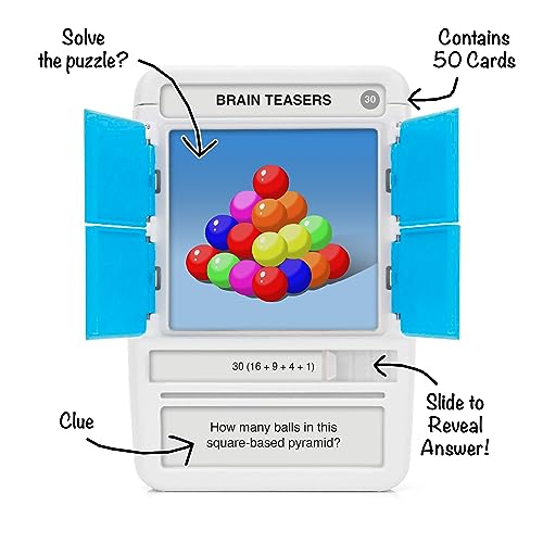 Brain Teasers Travel Game - Solve 100 Puzzles | Flash Cards with Slide Reveal Case | Card Game, Gift, Stocking Stuffer | Hours of Fun for Kids and Adults | Age 6+ - style: Brain Teasers