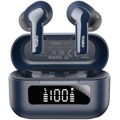 TOZO Hybrid Active Noise Cancelling Wireless Earbuds 6 Mics AI Clear Call | 68H Playtime LED Display 32 Preset EQs App Bluetooth 5.3 IPX8 Waterproof Ear Buds - color: Blue