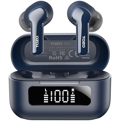 TOZO Hybrid Active Noise Cancelling Wireless Earbuds 6 Mics AI Clear Call | 68H Playtime LED Display 32 Preset EQs App Bluetooth 5.3 IPX8 Waterproof Ear Buds - color: Blue